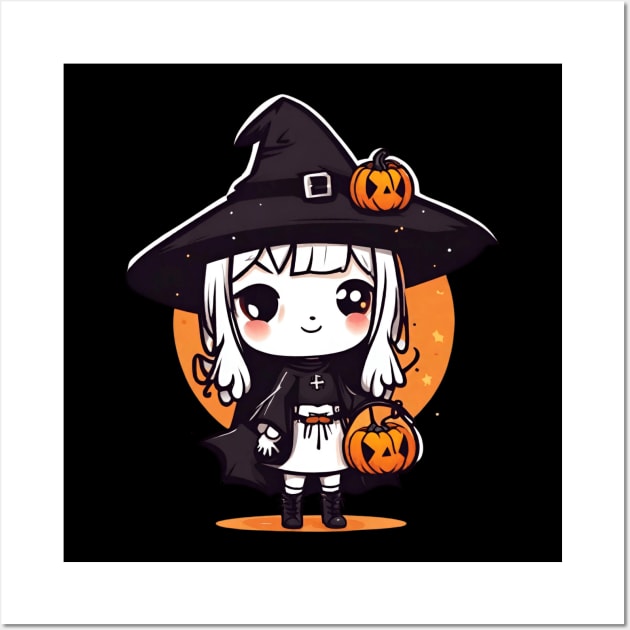 Witchcraft cute anime characters Chibi style with pumpkin Halloween Wall Art by Whisky1111